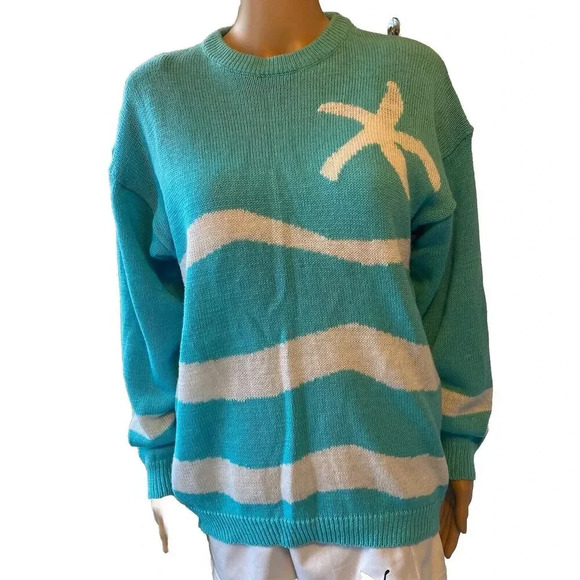 VTG Gotham Ramie Blend Women’s M Knit Sweater Aqua Blue White Pullover New Cozy - Picture 1 of 9